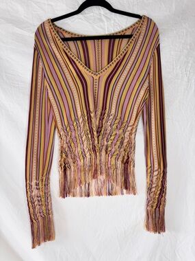 Christian Dior by John Galliano Vintage Striped Fringe V-Neck Long Sleeve Top